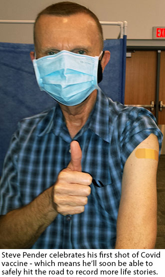 Family Legacy Video's Steve Pender celebrates his first vaccine shot.